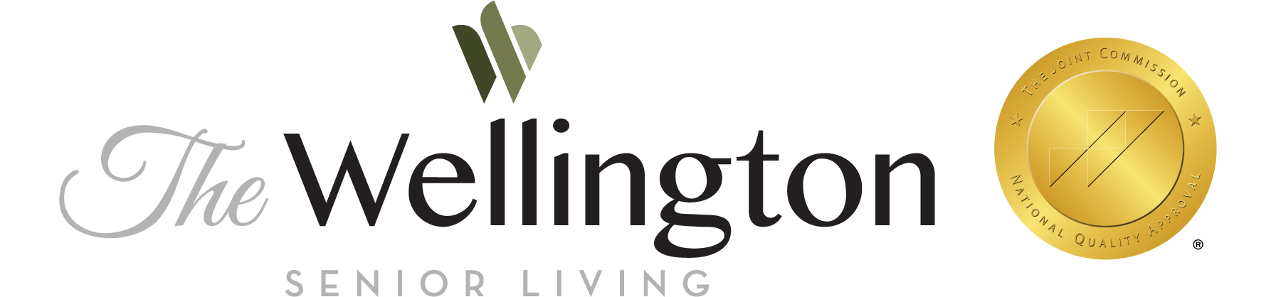The Wellington Senior Living logo featuring the Joint Commission National Quality Approval gold badge, symbolizing trusted care standards.