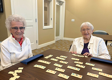 Two senior women smile while enjoying a tabletop game.